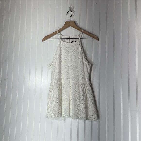 Doe & Rae White Eyelet Lace Peplum Tank Top M Cotton Boho Cottagecore Summer - Picture 2 of 10